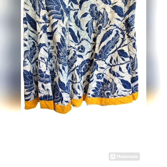 Size 8 100% Cotton Paisley Navy Blue Gold Flared Midi Skirt - Picture 3 of 6